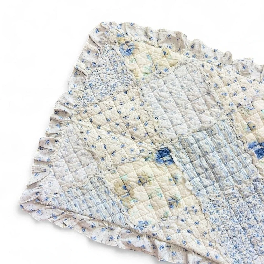 Patchwork Quilted Floral Pillowcase Ruffle Edges Whimsy Cottagecore